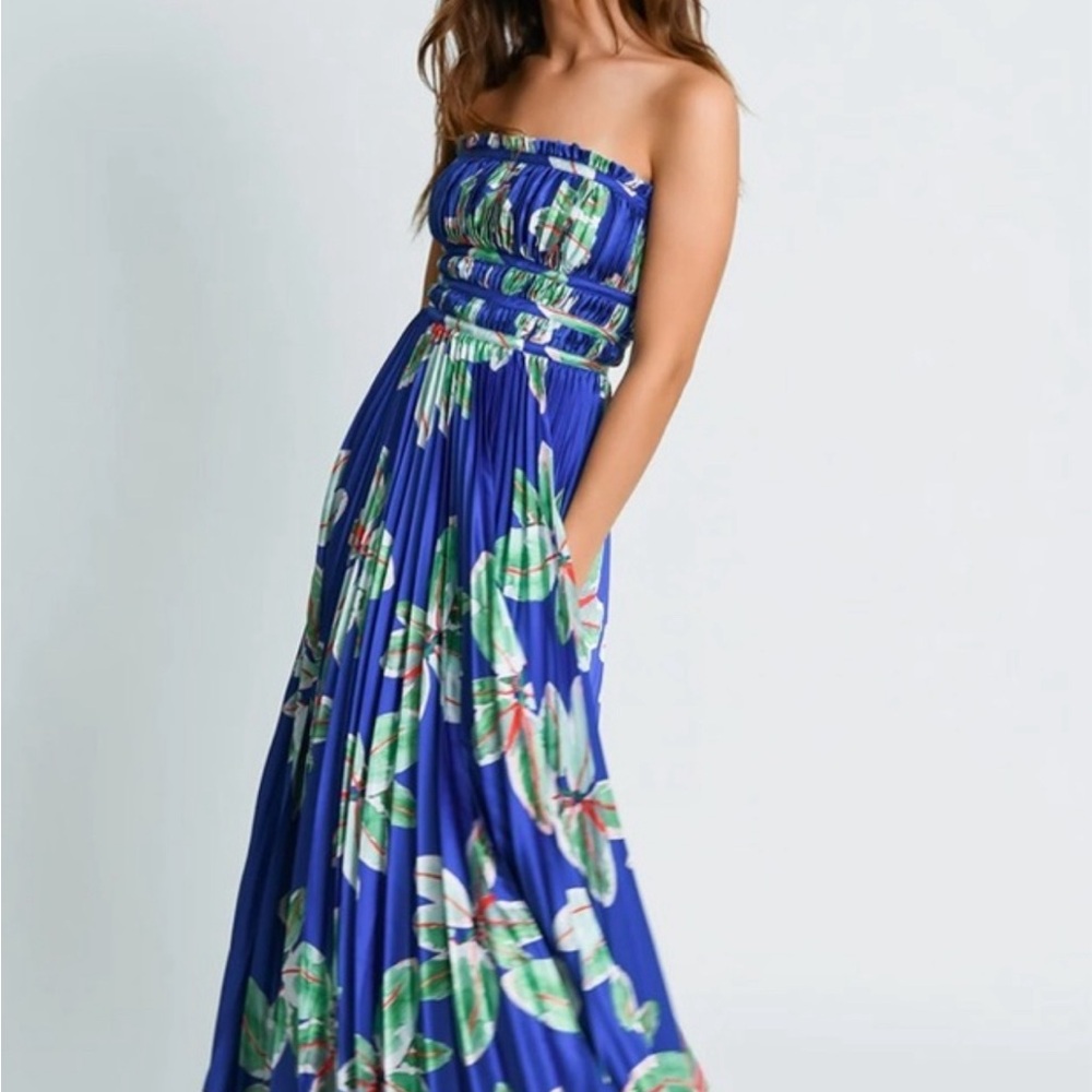 Hutch Strapless Pleated Floral Maxi Dress in Blue and Green - Picture 2 of 2